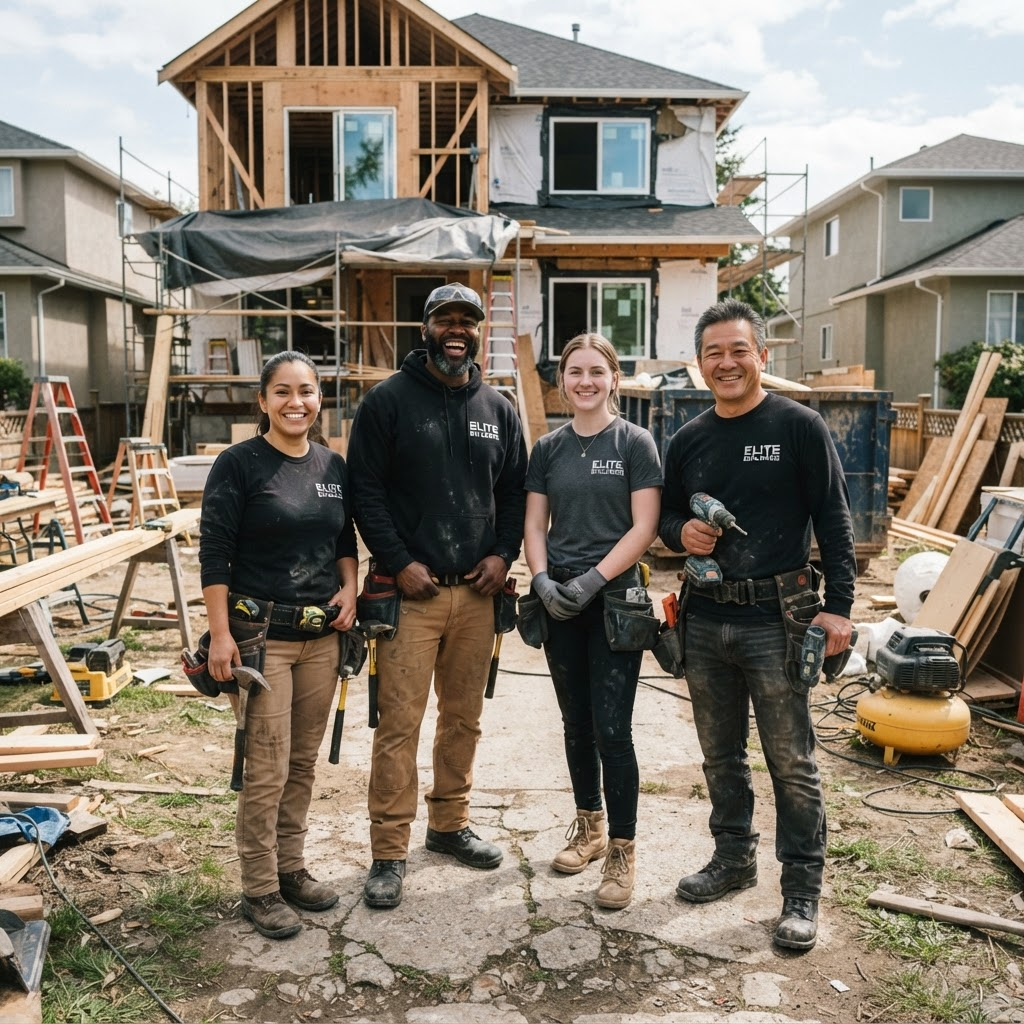 The Precision Renovations crew in front of a home under renovation