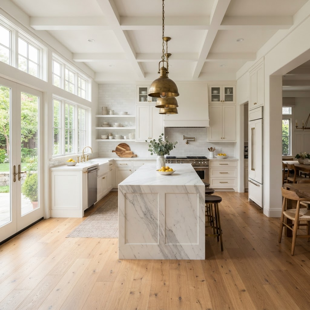 Newly remodeled farmhouse kitchen with marble island and brass pendant lights